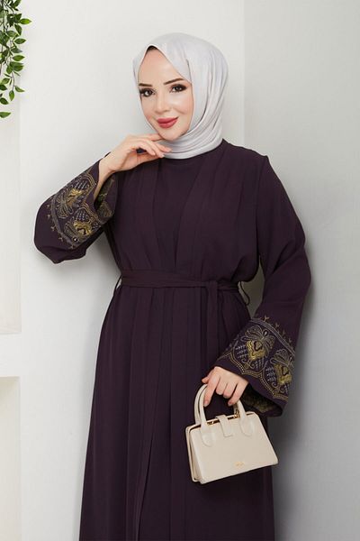 Tesettür Dünyası Σετ Abaya με Κεντητό Εσώρουχο TSD250197 Plum