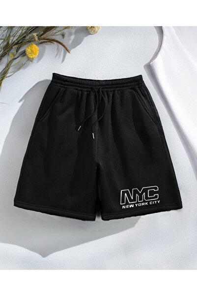 De Carte NYC New York Baskılı Likralı Siyah Erkek Şort