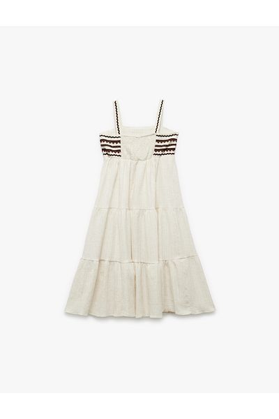 Koton New Season Viscose Linen Blended Loose Fit Layered Square Neck Strap Long Dress