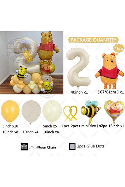 Miniso 40inch Number-2 41pcs Disney Winnie The Pooh Theme Red Foil Number Balloons Set Kids Happy Birthday