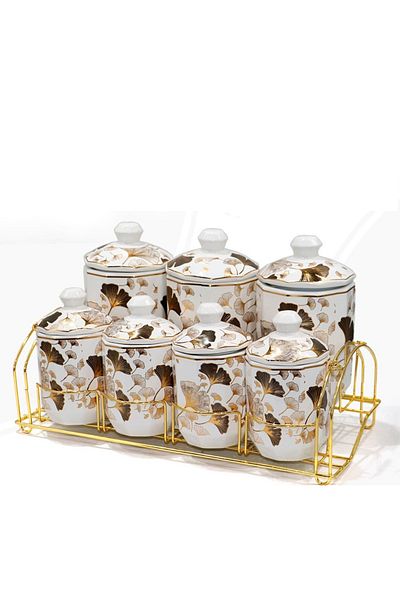 rexa 7-Piece Luxury Porcelain Spice Set – Gold Gilded Versace-Inspired White Storage Jars with Stand
