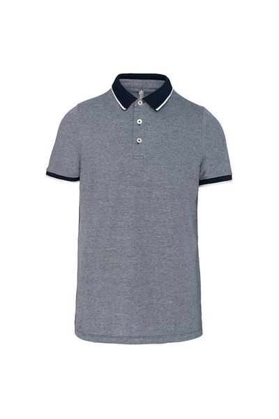 OEM Tricou Polo pentru Barbati, Tip Pique, Bumbac, Dungi bleumarin, Contrastante la Maneci si Guler, Gri