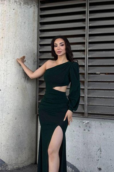 Mossta One Sleeve Waist Low-Cut Slit Glitter Evening Dress - Green