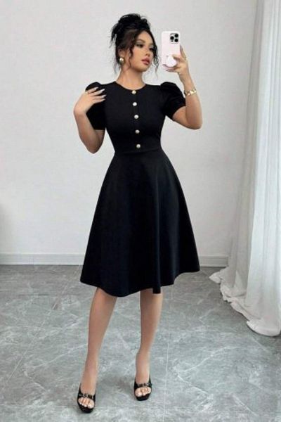 Mossta Front Button Balloon Sleeve Midi Crepe Dress - Black