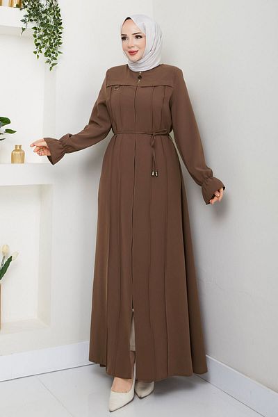 Tesettür Dünyası Λεπτομερής ρίγα Hijab Ferace TSD250199 Καφέ