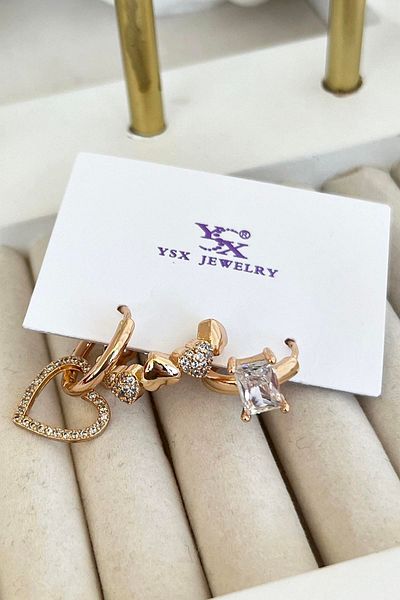 TAKIŞTIR مجموعة أقراط YSX VIP مكونة من 3 قطع بتفاصيل قلب ذهبية اللون