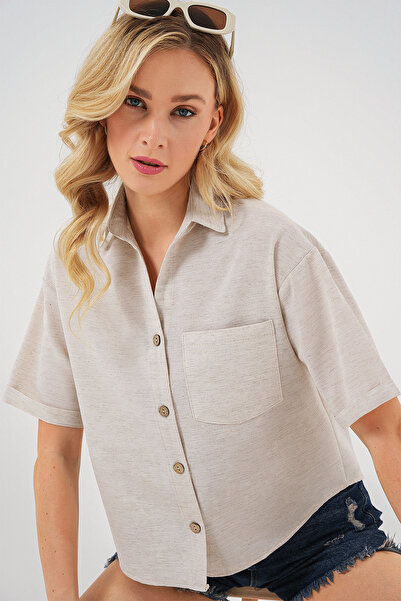 Bigdart Women's Linen Look Crop Shirt 20339 - Cream