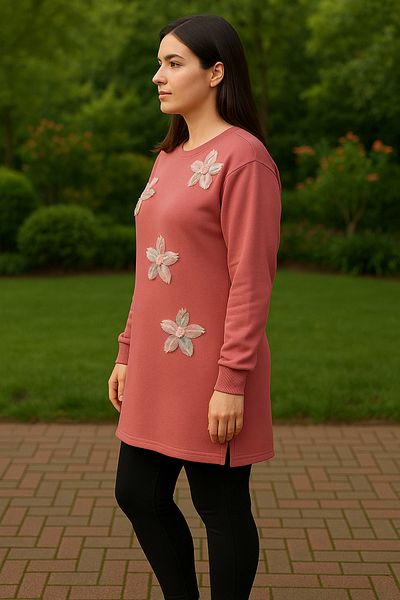 Birol Triko Women's Dusty Rose Slit Tunic with Floral Accessories