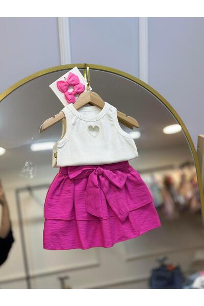 ArdenKids 2-8 Yaş Ekru Kalpli Crop & Şeker Pembe Fiyonk Detay Etek Kombin