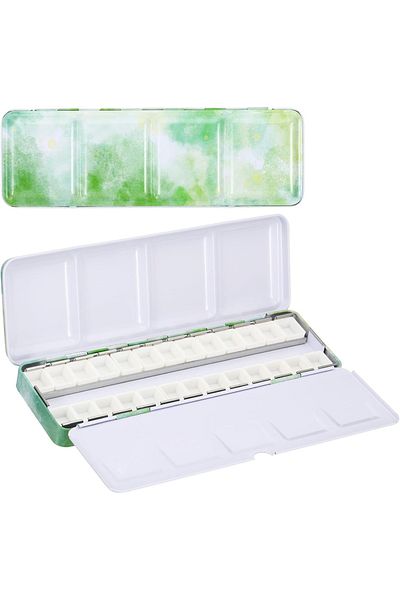 Choice Green Empty Watercolor Palette, Metal Watercolor Tin with 26pcs Half Pans Paint Case with Lid Paint