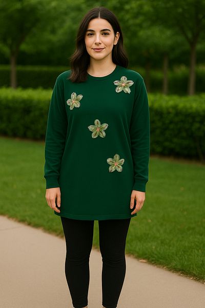 Birol Triko Women's Emerald Green Slit Tunic with Floral Accessories