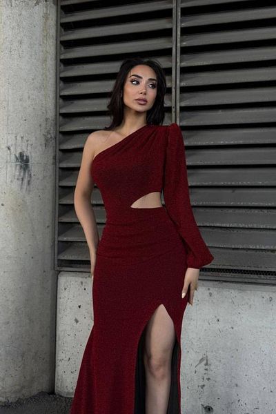 Mossta One Sleeve Waist Low-Cut Slit Glitter Evening Dress - Burgundy