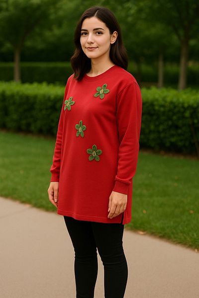 Birol Triko Women's Red Slit Tunic with Floral Accessories