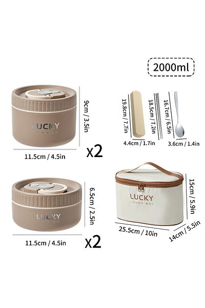WORTHBUY Brown 2000ml set WORTHBUY 18/8 Stainless Steel Thermal Food Container Bento Lunch Box Set, Portable