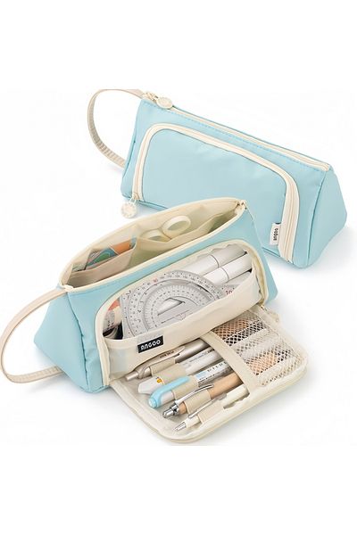 Choice SKY BLUE Canvas Triangle Stationery Box, Large Capacity Portable Pencil Pouch Student Stationery Org