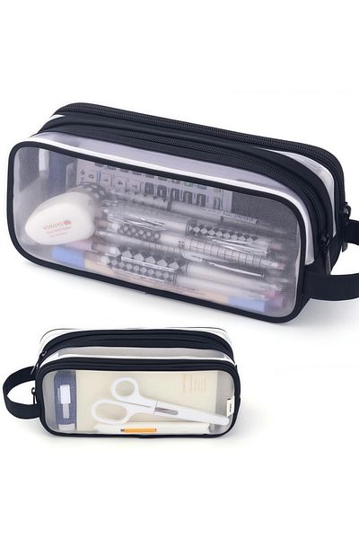 Choice black Large Mesh Pencil Case Double Layer Transparent Pencil Pouch, Handheld Multifunctional Cosmeti