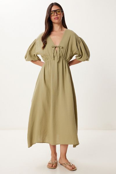 Lovelyİstanbul Ελαφρύ διαφανές φόρεμα μουσελίνας Khaki Lkb0014
