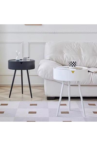Generic Round Side Table with Triangle Metal Legs, Coffee Table with Storage Shelf, Bedside Table, Black Col