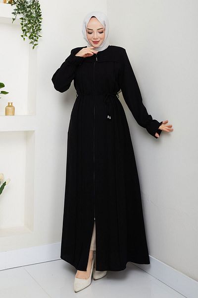 Tesettür Dünyası Λεπτομερής ρίγα Hijab Ferace TSD250199 Μαύρο