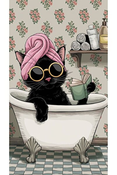 Rugs Modern Halı Kuzey Koleksiyonu Kitap ve Gözlük Detaylı Küvette Siyah Kedi...