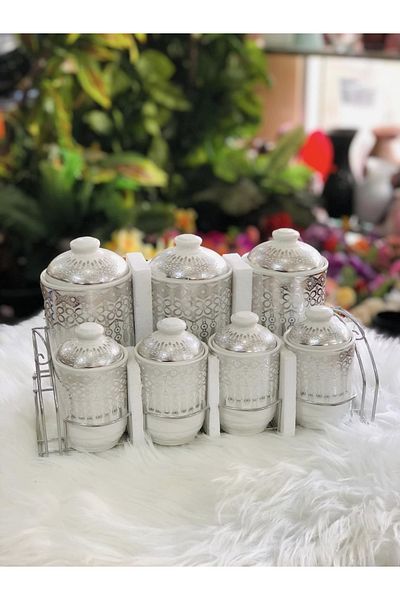 rexa 7-Piece Luxury Porcelain Spice Set – Gold Gilded Versace-Inspired White Storage Jars with Stand