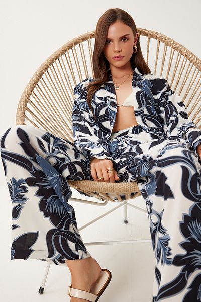 Lovelyİstanbul Patterned Summer Viscose Kimono Pants Set Smoked Bone Lje0003