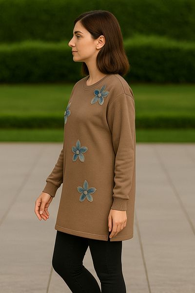 Birol Triko Women's Dark Beige Slit Tunic with Floral Accessories