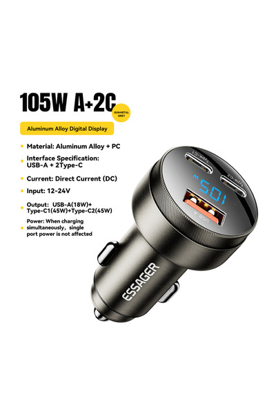 essager شاحن سيارة سريع من Essager 105 واط بشاشة رقمية بلون رمادي معدني لأجهزة iPhone 15 14 pro MacBook USB A C Qui