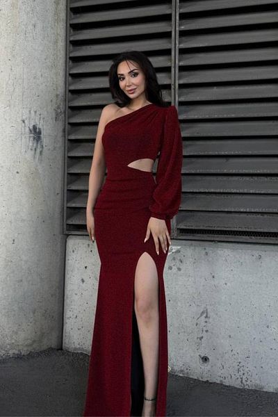 Mossta One Sleeve Waist Low-Cut Slit Glitter Evening Dress - Burgundy