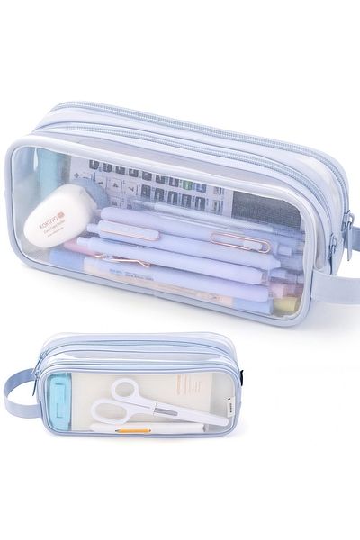 Choice SKY BLUE Large Mesh Pencil Case Double Layer Transparent Pencil Pouch, Handheld Multifunctional Cosm