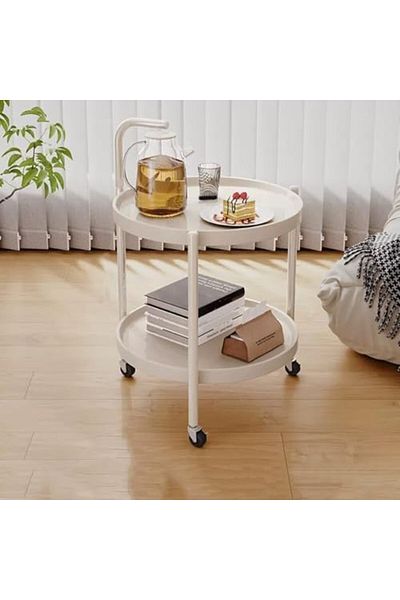 Generic Round Coffee Table with Rolling Wheels, Movable End Table/Bedside Table, 2 Layers Small Trolley for
