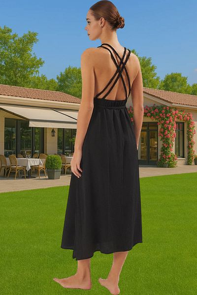 PayBuy Maxi Woven Cotton Beach Dress Crew Neck Tie-Up Summer High Quality Modern Style
