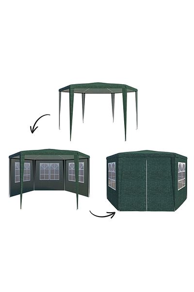SERSIMO Cort pavilion de gradina hexagonal, 200x200cm, cu pereti laterali cu ferestre, rezistenta UV, verde