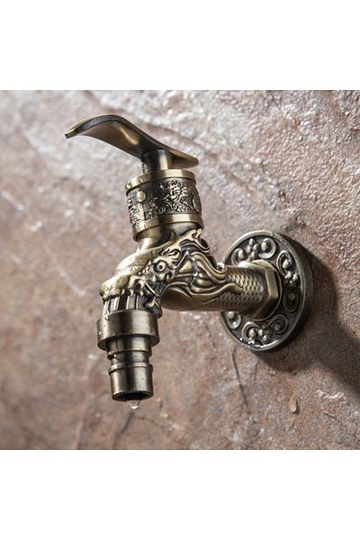 Choice Carved Wall Mount Zinc Alloy Antique Bronze Bibcock Decorative Outdoor Garden Washing Machine Fau...