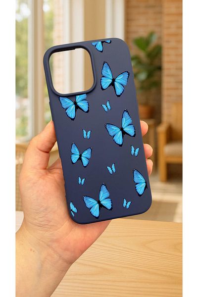 Vip Case iPhone 15 Pro Max - حافظة مطاطية كلاسيكية ممتصة للصدمات من السيليكون بنمط الفراشة الزرقاء277