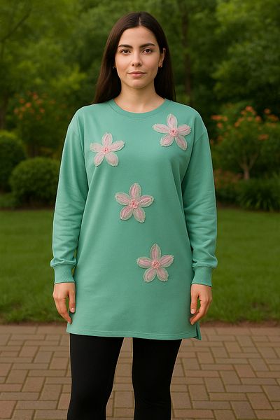 Birol Triko Women's Water Green Slit Tunic with Floral Accessories