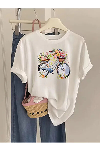 CLASİVA سلة زهور للدراجة، تي شيرت مطبوع برقبة دائرية كبيرة الحجم