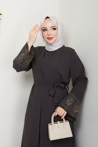 Tesettür Dünyası Abaya Suit with Embroidered Inner Dress Tsd250197 Anthracite