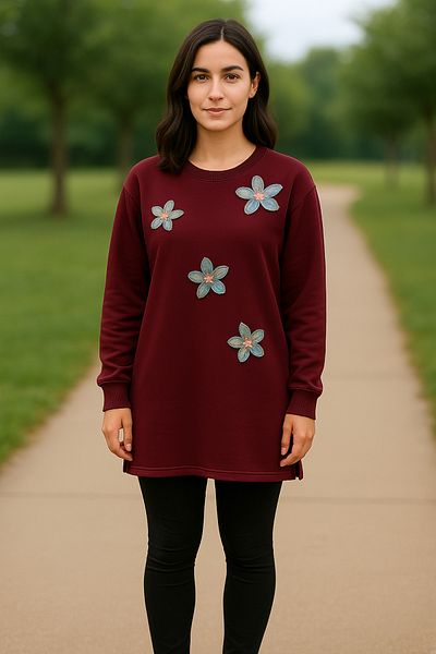 Birol Triko Women's Burgundy Slit Tunic with Floral Accessories