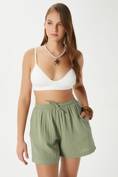 Ritnice Women's Jamie 100% Cotton Muslin Waist Elastic Khaki Shorts