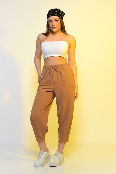 REYNEV New Season Summer Thin Trousers with Elastic Waist High Waist Women's Brown Casual Pants