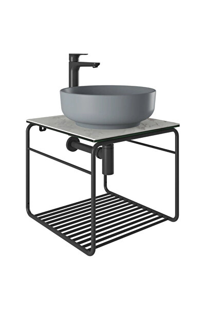 KALE Volo 45 Cm Yuvarlak Mat Gri Lavabolu Metal Banyo Mobilya Seti 310300104132