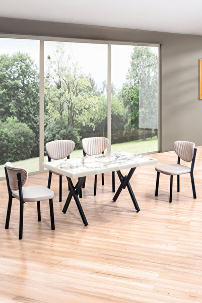 Brianna 4 Kişilik Yemek Masası Takımı | Beyaz Mermer Renk Masa ve Krem Sandalye