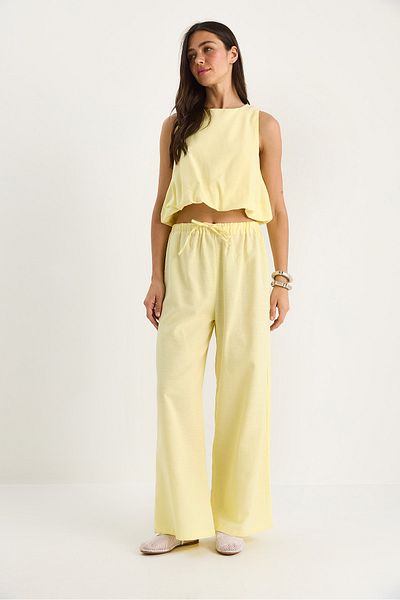 Bianco Lucci Women's Balloon Detailed Blouse Palazzo Pants Linen Bottom-Top Set 9367 60281072