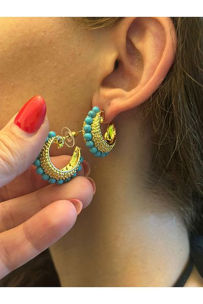 Gönülden Tasarım Steel Cyrus Stone Embroidered Women's Hoob Earring 2 cm