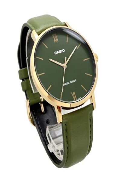 Casio Men's Minimalistic Gold Tone Analog Watch with Green Leather Strap