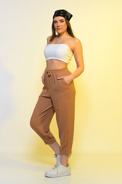 REYNEV New Season Summer Thin Trousers with Elastic Waist High Waist Women's Brown Casual Pants