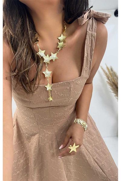 Sohotique By P Embroidered Square Collar Lace-Up Dress Beige