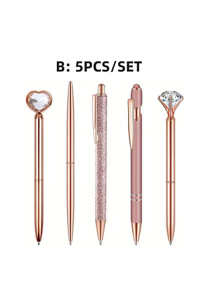 Choice black Rose Gold 5PCS 3pcs/5pcs/8pcs/9pcs Rose Golden Metal Ballpoint Pen Set, Pearl Quicksand Crown,