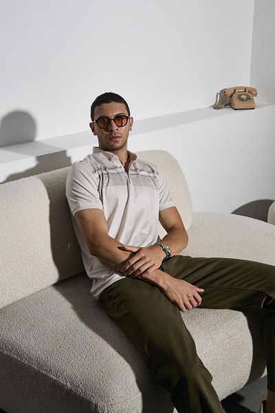 DAMGA JEANS Ανδρικό ριγέ φαρδύ κρεμ μπλουζάκι με γιακά πόλο